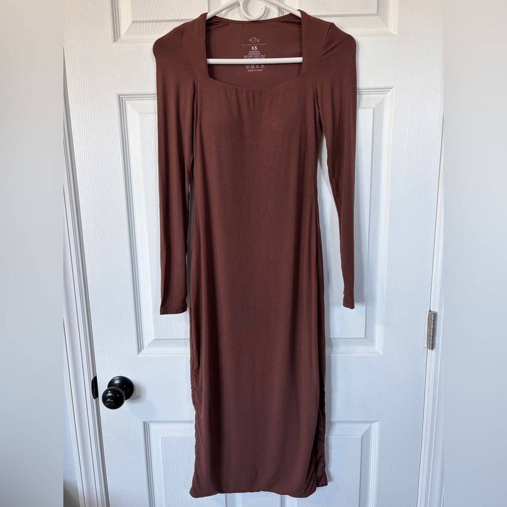 Klassy Network Brown Square Neck Long Sleeve Bodycon Midi Brami Dress (Size XS)